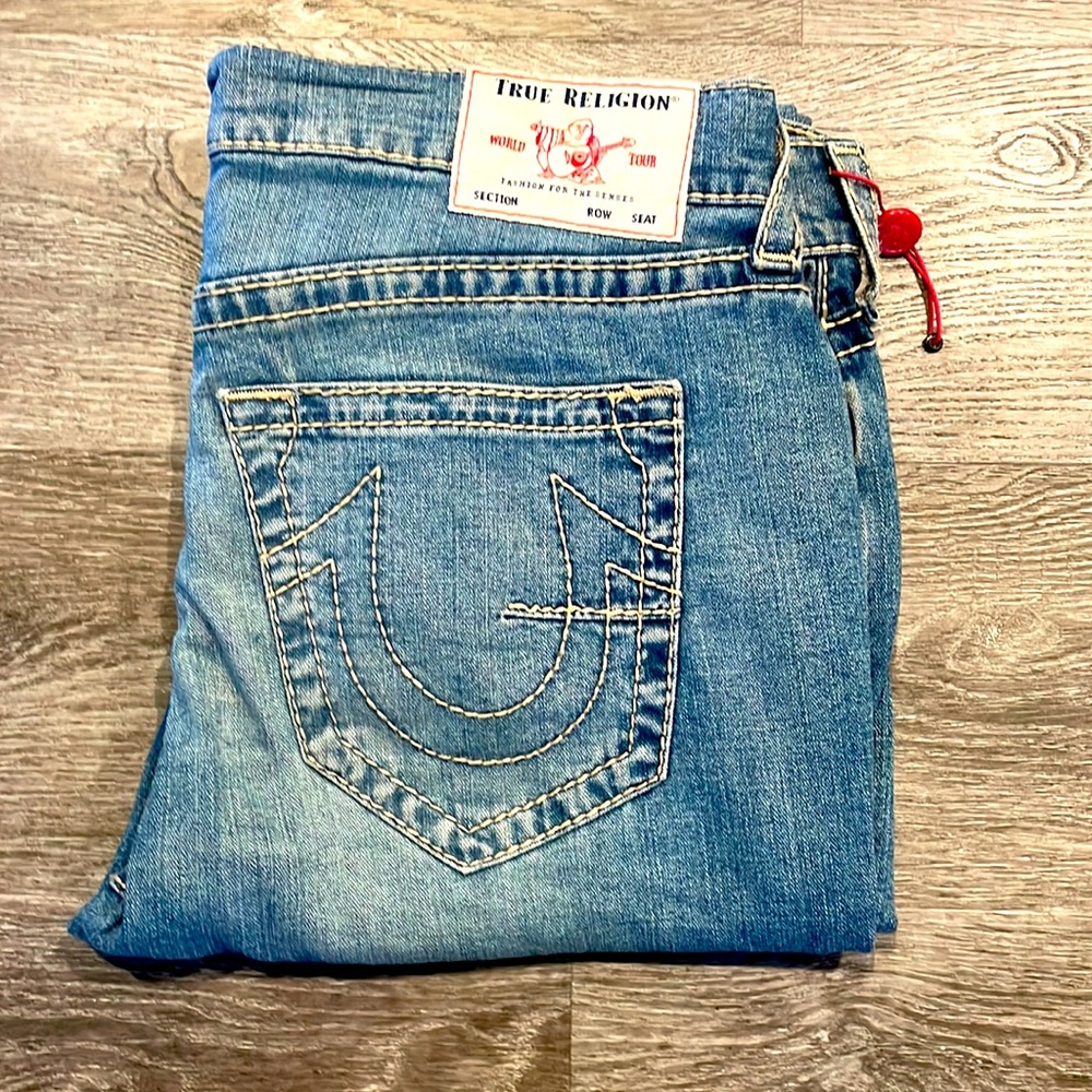relaxed skinny/slim true religion brand jeans distressed ripped look 36w